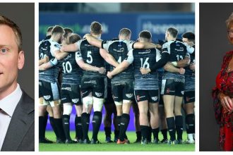 Composite image showing Torsten Bell MP on the left, the Ospreys team on the pitch in the centre, and Carolyn Harris MP on the right.