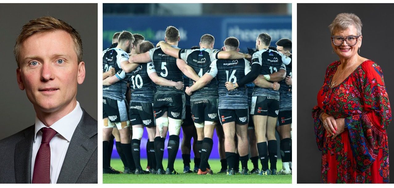 Composite image showing Torsten Bell MP on the left, the Ospreys team on the pitch in the centre, and Carolyn Harris MP on the right.