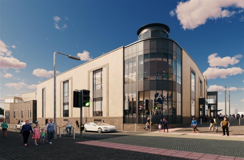 Illustration of the planned Atriwm building in Carmarthen, depicting the refurbished former Debenhams site as a modern health and wellbeing centre.
