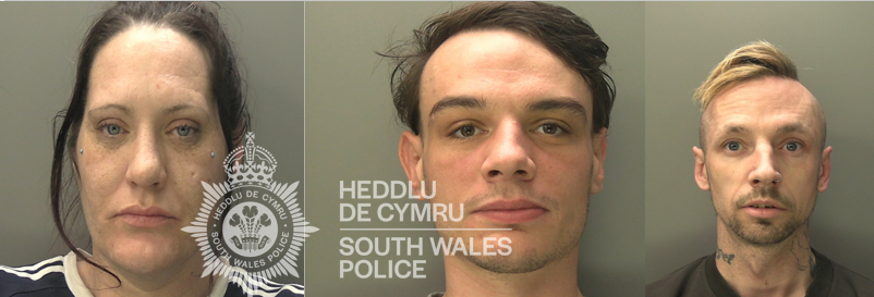 Collage of three police custody photos of Ryan Ford, Sarah Nicholls and Ryan Wallens, who were jailed for affray in North Cornelly.
