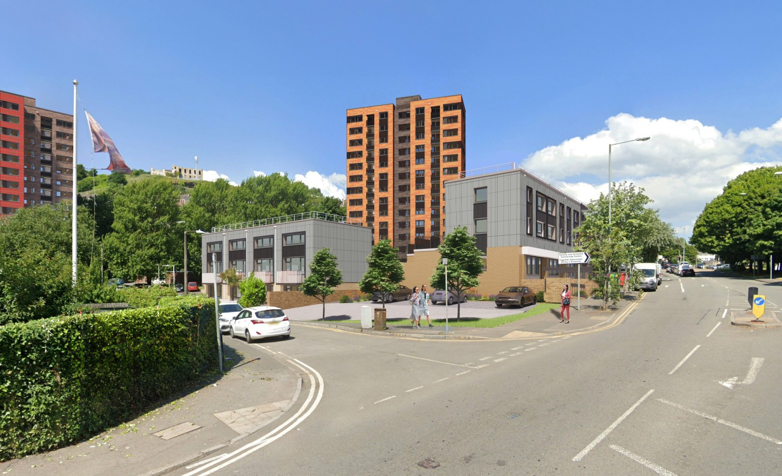 Artist’s impression of the upgraded Croft Street high‑rise and low‑rise flats seen from High Street towards Dyfatty Crossroads.