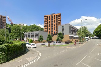Artist’s impression of the upgraded Croft Street high‑rise and low‑rise flats seen from High Street towards Dyfatty Crossroads.