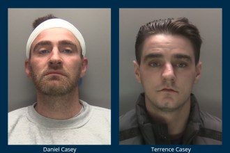 Custody montage showing Daniel and Terrence Casey, jailed for linked burglaries across Wales and the East Midlands.