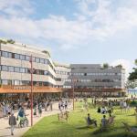 CGI of the Civic Centre showing a new wrap‑around canopy with cafés and leisure venues at ground level. Image: Swansea Council / Urban Splash.