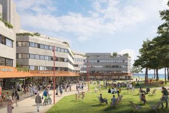 CGI of the Civic Centre showing a new wrap‑around canopy with cafés and leisure venues at ground level. Image: Swansea Council / Urban Splash.