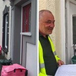 Composite image showing pink recycling bags outside houses in Sandfields, Swansea, and a recycling worker giving pink bags to a student at his front door.