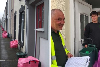Composite image showing pink recycling bags outside houses in Sandfields, Swansea, and a recycling worker giving pink bags to a student at his front door.