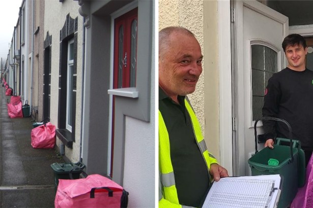 Composite image showing pink recycling bags outside houses in Sandfields, Swansea, and a recycling worker giving pink bags to a student at his front door.
