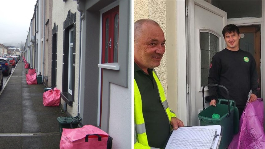 Composite image showing pink recycling bags outside houses in Sandfields, Swansea, and a recycling worker giving pink bags to a student at his front door.