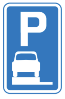 Blue rectangular sign with a ‘P’ and a car on a raised platform.