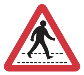 Red triangular sign showing a pedestrian between dashed lines.