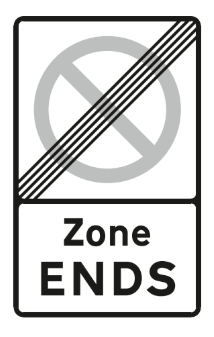 White rectangular sign with a crossed‑out circular symbol and the words ‘Zone Ends’.