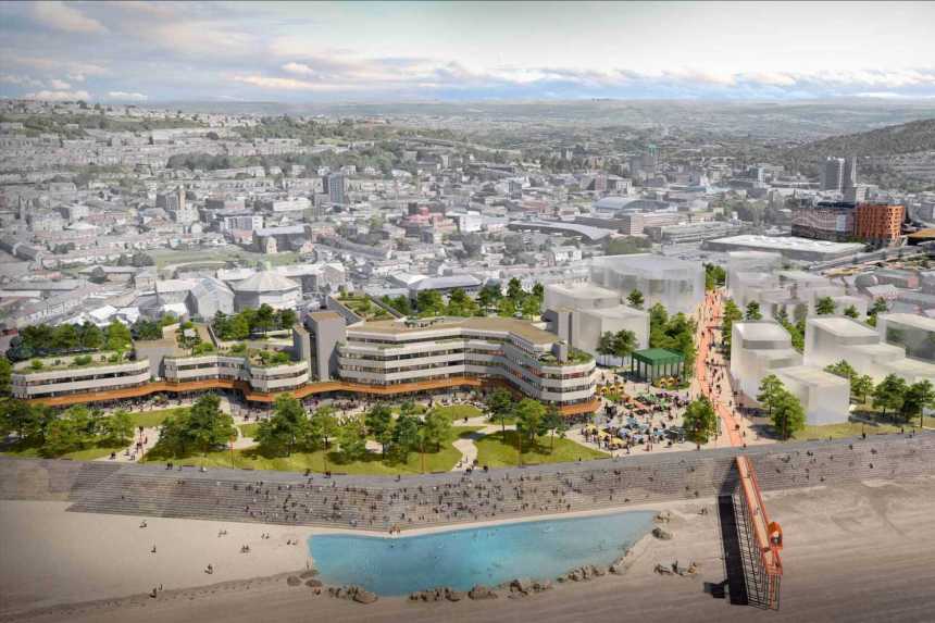 Artist’s impression of Swansea’s proposed City Waterfront with a redesigned Civic Centre and new seafront district. Image: Urban Splash.
