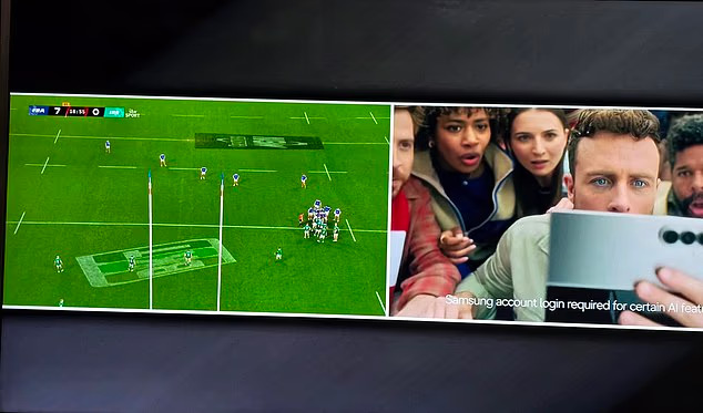Split‑screen showing a live Six Nations rugby match on the left and a Samsung smartphone advert on the right during a break in play.
