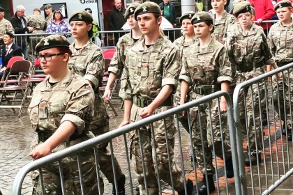Cadets in uniform marching in an Armed Forces Day parade in Llanelli in 2023.