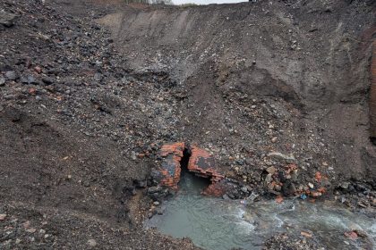 Water flowing from a damaged underground brick structure at the Cwmfelin site.
