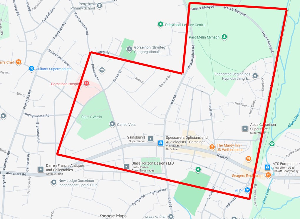 Map outlining the Gorseinon Section 35 dispersal area, covering the town centre, Parc Melyn Mynach, Gorseinon Hospital and Parc y Werin.