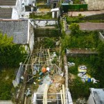 Aerial view of an unsafe, partially built construction site associated with rogue builder Lee Slocombe’s fraudulent work.