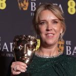 Lauren Evans from Hendy holding her BAFTA award for Best Casting at the 2026 BAFTA Film Awards ceremony