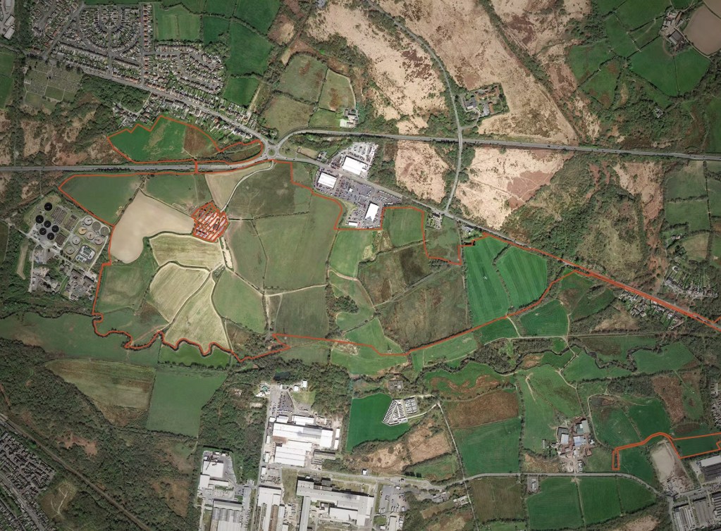 Aerial map with a red outline marking the proposed Parc Caenewydd solar farm site behind Gowerton’s waste water treatment facility, stretching across farmland near the Day’s car sales garage and bordering the former ALCOA site.