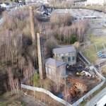 Aerial view showing the Musgrave and Vivian engine houses at the former Hafod-Morfa Copperworks site in Swansea
