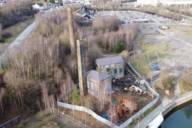Aerial view showing the Musgrave and Vivian engine houses at the former Hafod-Morfa Copperworks site in Swansea