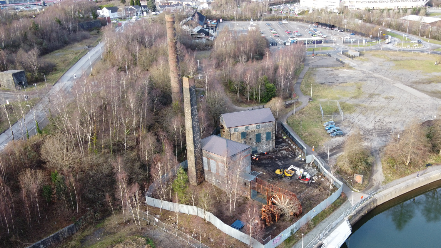 Aerial view showing the Musgrave and Vivian engine houses at the former Hafod-Morfa Copperworks site in Swansea