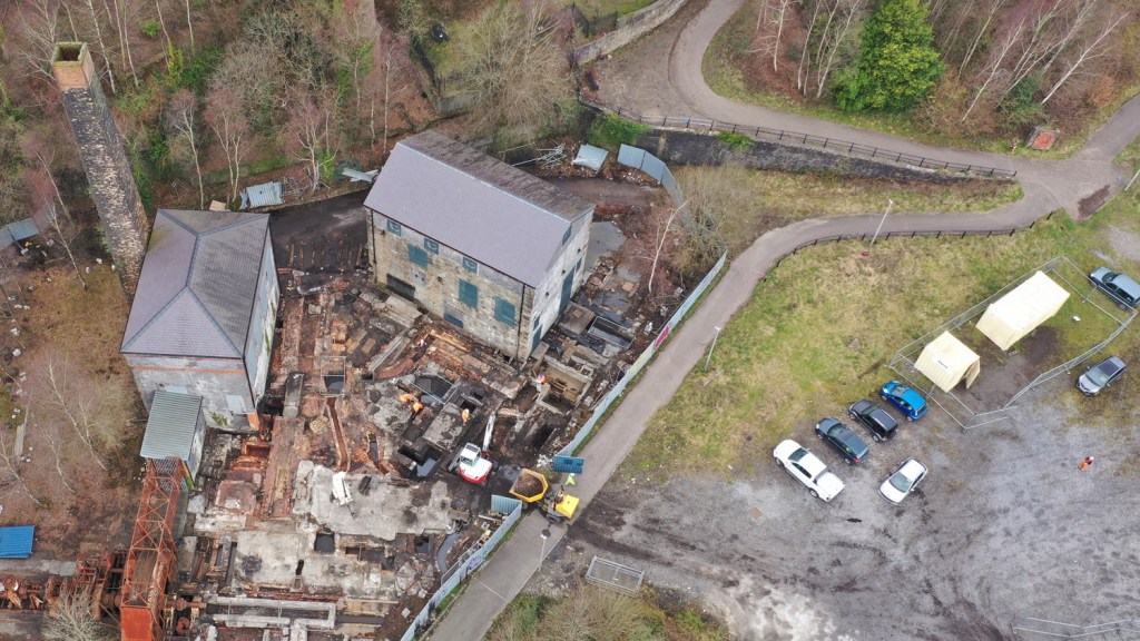 Aerial photograph of the historic Musgrave and Vivian engine houses in Swansea's Lower Swansea Valley