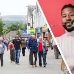 Split image featuring a busy pedestrian street in Ammanford town centre and a Valentine’s‑themed portrait with a man holding a rose, used to illustrate Ammanford being named the UK’s most romantic town.