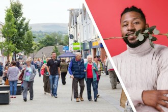 Split image featuring a busy pedestrian street in Ammanford town centre and a Valentine’s‑themed portrait with a man holding a rose, used to illustrate Ammanford being named the UK’s most romantic town.