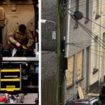 Montage showing bomb disposal officers working from a specialist vehicle and police activity outside a property on Commercial Street in Abergwynfi.