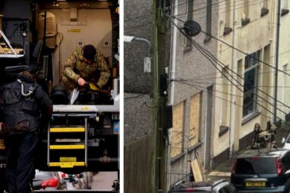 Montage showing bomb disposal officers working from a specialist vehicle and police activity outside a property on Commercial Street in Abergwynfi.