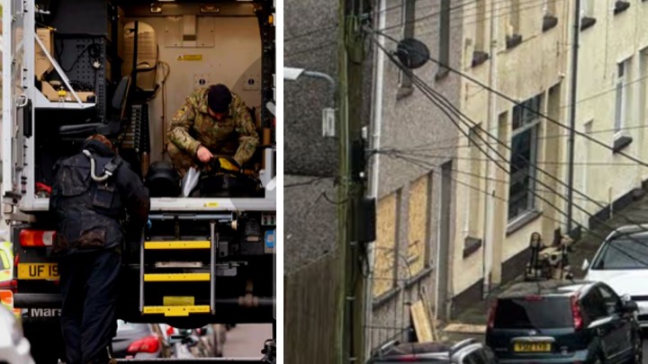 Montage showing bomb disposal officers working from a specialist vehicle and police activity outside a property on Commercial Street in Abergwynfi.