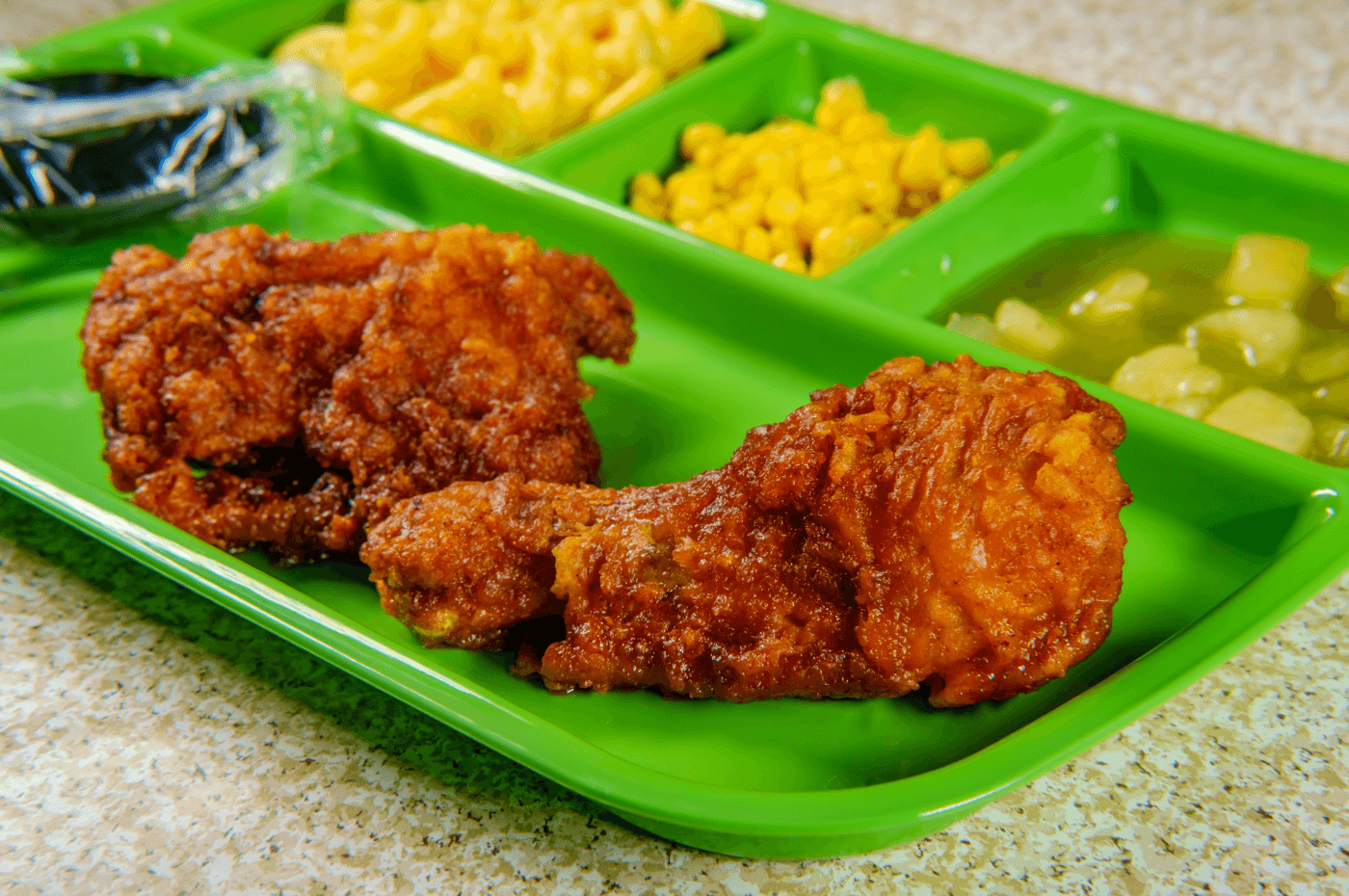 Cafeteria tray with fried chicken, macaroni and cheese, corn, diced potatoes and covered dessert container.
