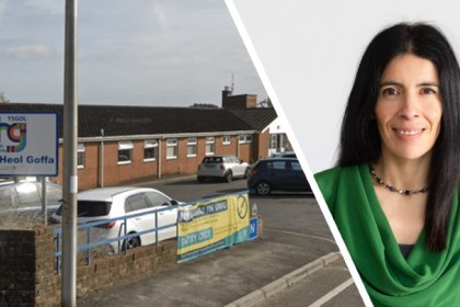 Composite image showing Ysgol Heol Goffa school building in Llanelli on the left and Rocio Cifuentes MBE, Children's Commissioner for Wales, on the right