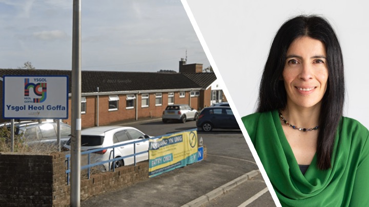 Composite image showing Ysgol Heol Goffa school building in Llanelli on the left and Rocio Cifuentes MBE, Children's Commissioner for Wales, on the right