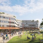 Illustration of a civic plaza with landscaped paths, people walking and gathering, a building marked “CIVIC” and a modern aquarium building with large glass frontage.