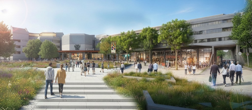 Illustration of a modern beachfront development with cafés, bars, bike rental and paddle‑sports shops, surrounded by people walking, cycling and relaxing on a grassy area near the beach.