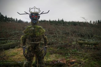 Close-up of the Green Man of Kilvey sculpture, a wire and moss figure with a crown and red eyes, on Kilvey Hill.