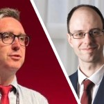 Split‑screen image showing David Darkin on the left and Sean Rees on the right, both wearing glasses and formal clothing.