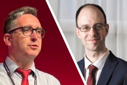 Split‑screen image showing David Darkin on the left and Sean Rees on the right, both wearing glasses and formal clothing.