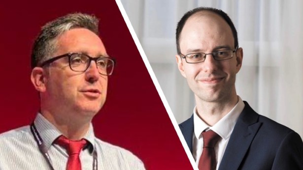 Split-screen image showing Cllr David Darkin on the left and Llanelli Town Council leader Cllr Sean Rees on the right, both wearing glasses and formal clothing