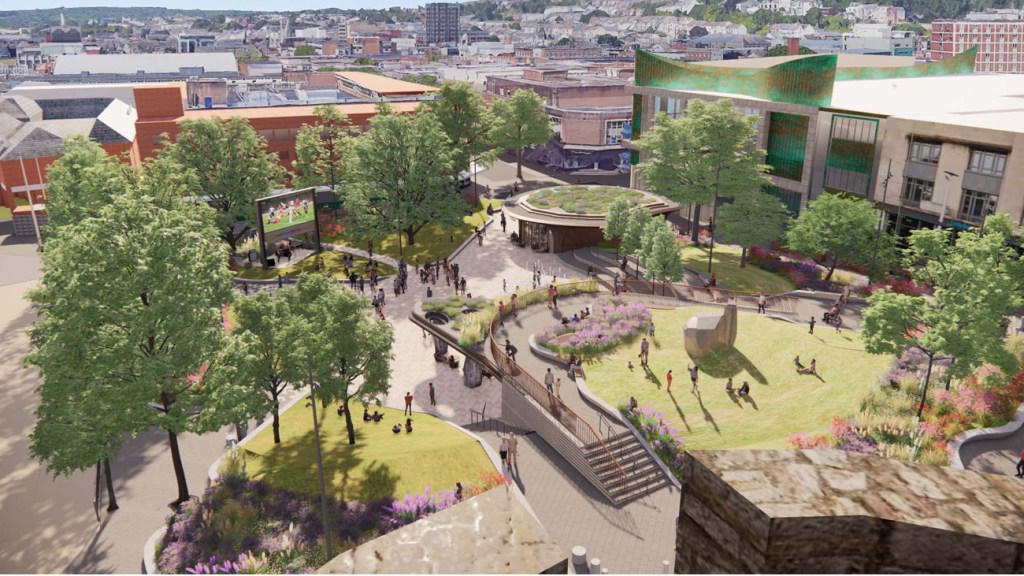Artist’s impression of the future Castle Square Gardens with green space, seating, pavilions and public areas.