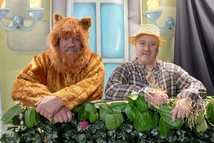 Swansea councillors Gordon Walker and Matthew Bailey dressed as the Cowardly Lion and Scarecrow for Clydach pantomime The Wizard of Oz