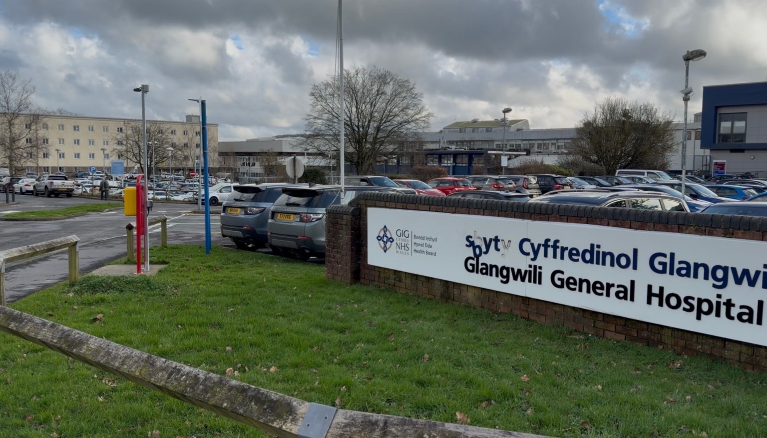 Glangwili General Hospital in Carmarthen, the main entrance and hospital buildings