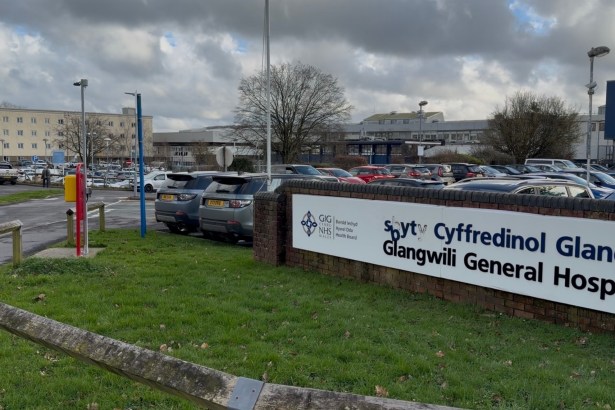 Glangwili General Hospital in Carmarthen, the main entrance and hospital buildings