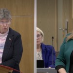Split image showing Jane Hutt MS speaking at a podium in the Senedd chamber, and Sioned Williams MS addressing members during a formal session.