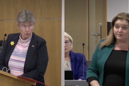 Split image showing Jane Hutt MS speaking at a podium in the Senedd chamber, and Sioned Williams MS addressing members during a formal session.