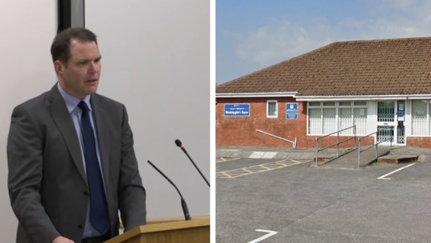 Composite image showing Llanelli MS Lee Waters speaking at a podium alongside an exterior view of a healthcare building linked to the Meddygfa’r Sarn GP surgery in Pontyates.