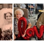 Side‑by‑side photos of Margaret and David Beynon: their 1962 wedding portrait and a recent picture of the couple at Peniel Green Care Home.